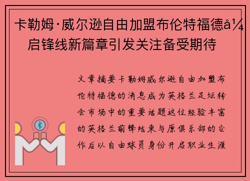 卡勒姆·威尔逊自由加盟布伦特福德开启锋线新篇章引发关注备受期待